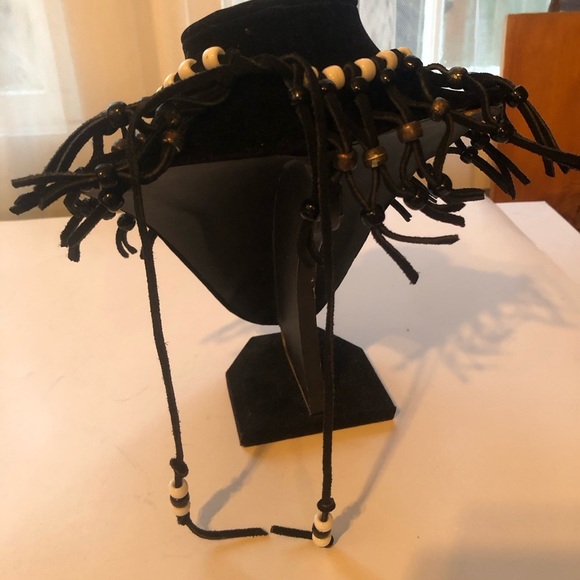 Bohemian style Black and Cream Tassel Necklace- leather and beads make this up - Picture 7 of 9